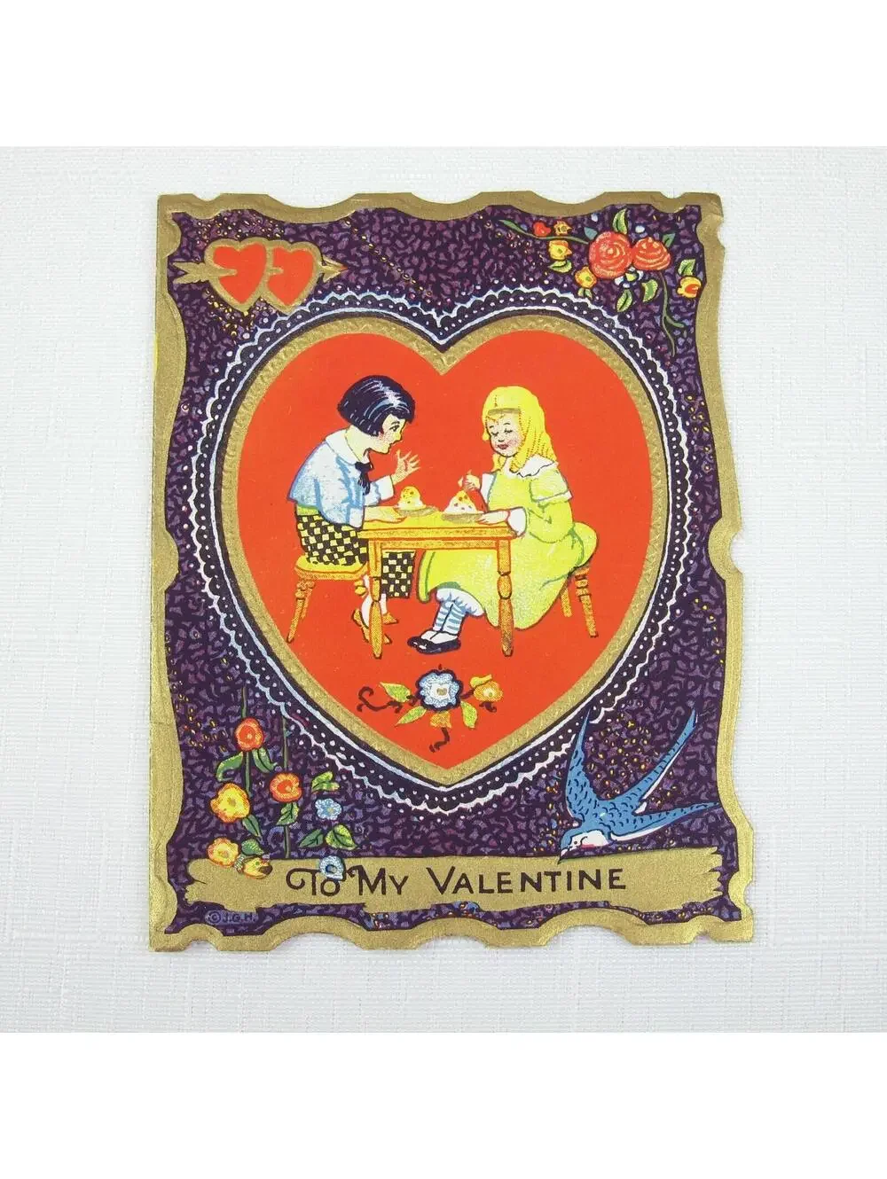 Vintage Valentine Die cut Fold Card Boy & Girl Gold Embossed 1920s-30s UNSIGNED